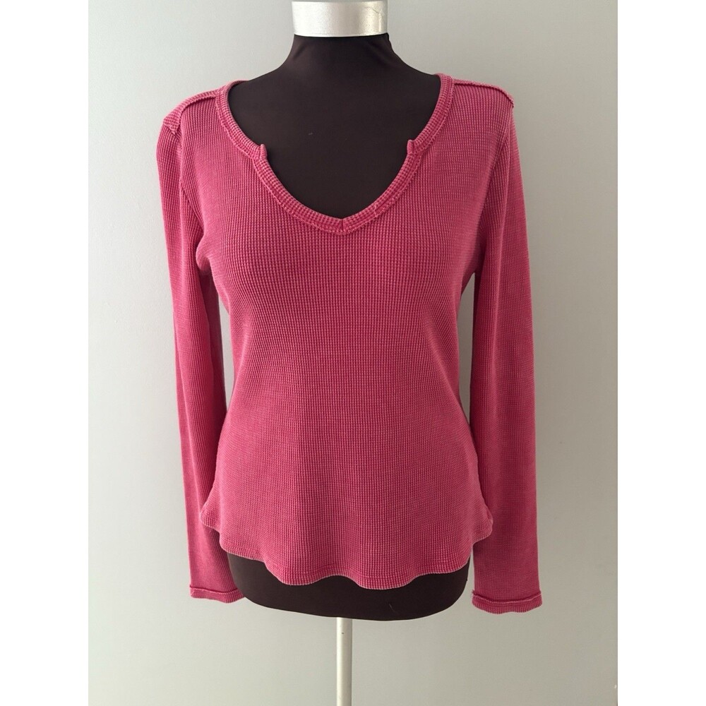 Pilcro Anthropologie Thermal Shirt Size L Pink Waffle Knit  V-Neck